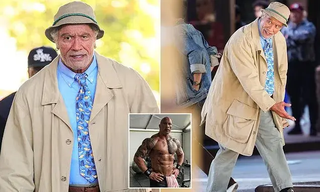 Dwayne Johnson undergoes shock transformation into elderly man as he steps out on Lizard Music movie set in NYC