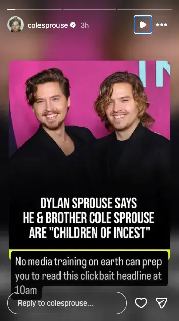 Cole Sprouse Reacts to Dylan Sprouse Referring to Them as 'Children of Incest'
